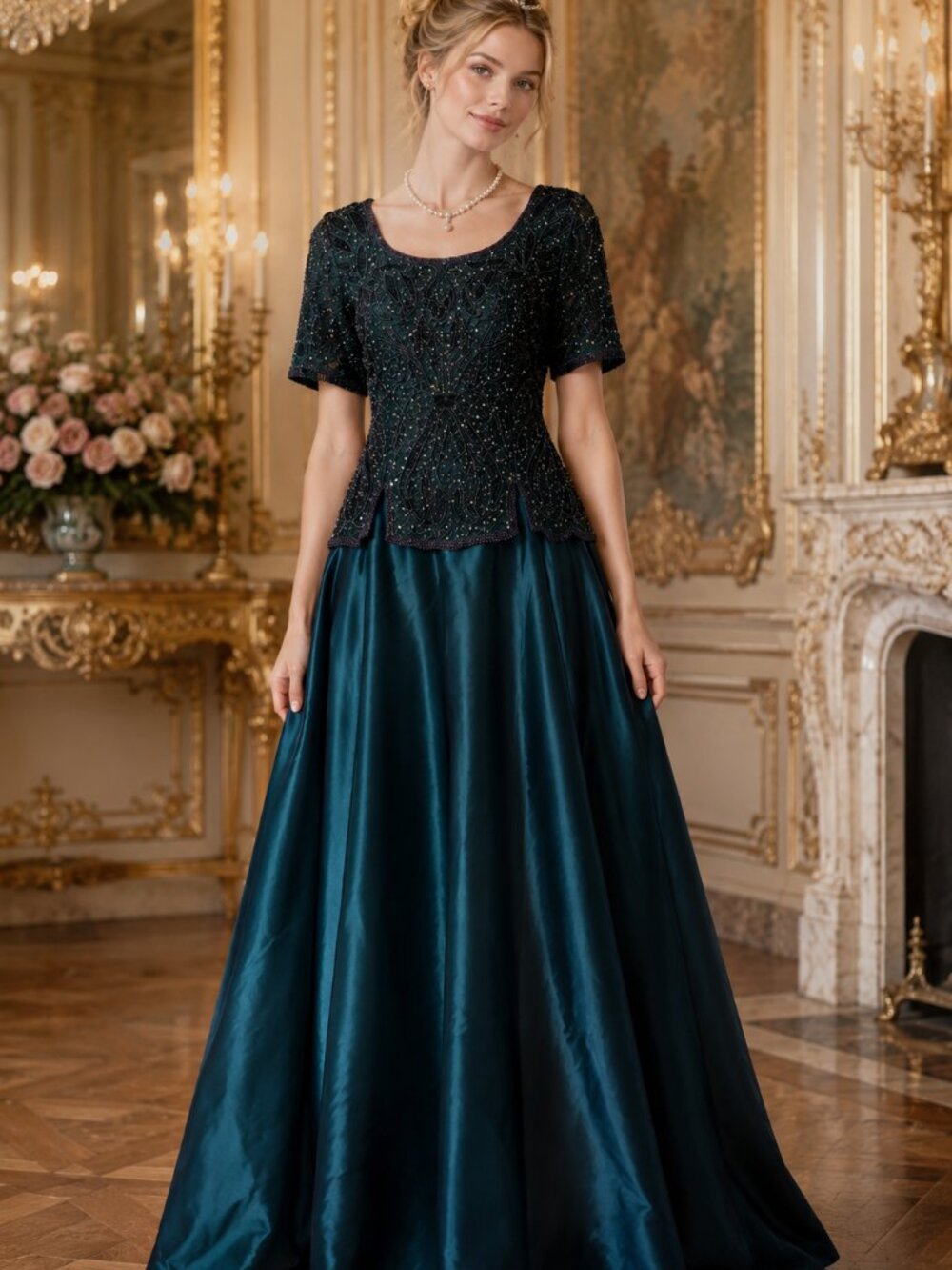 Vintage Stenay Silk Beaded Evening Gown Dress Teal Emerald Green Size 8